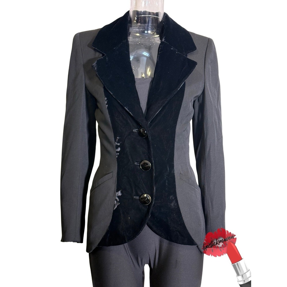 Vintage Jean Louis Scherrer Blazer Womens No Size Tag Black Velvet Panel Classic
